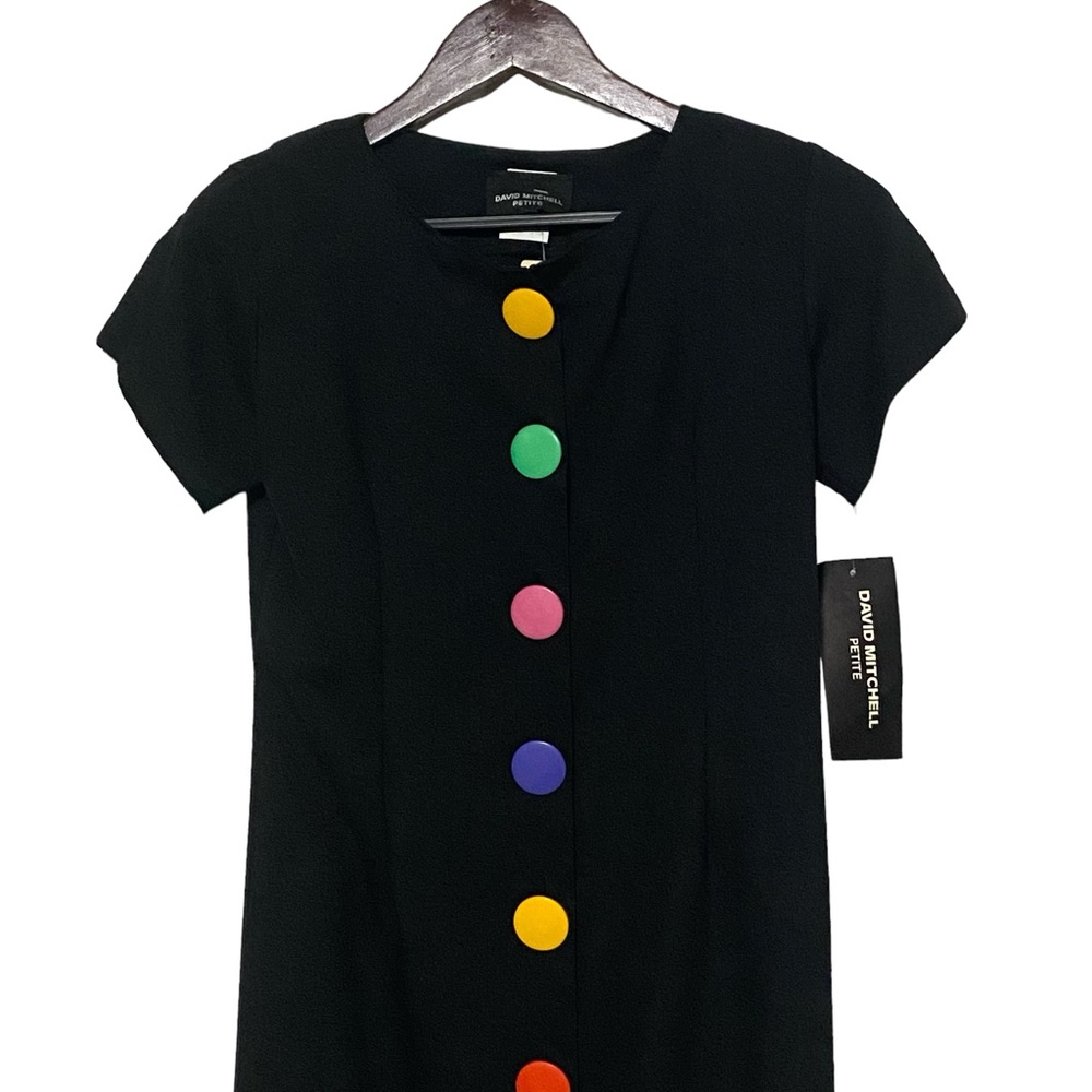 Vintage Rainbow Button Front Fitted David Mitchell Petite 80’s Dress Black - Picture 2 of 14